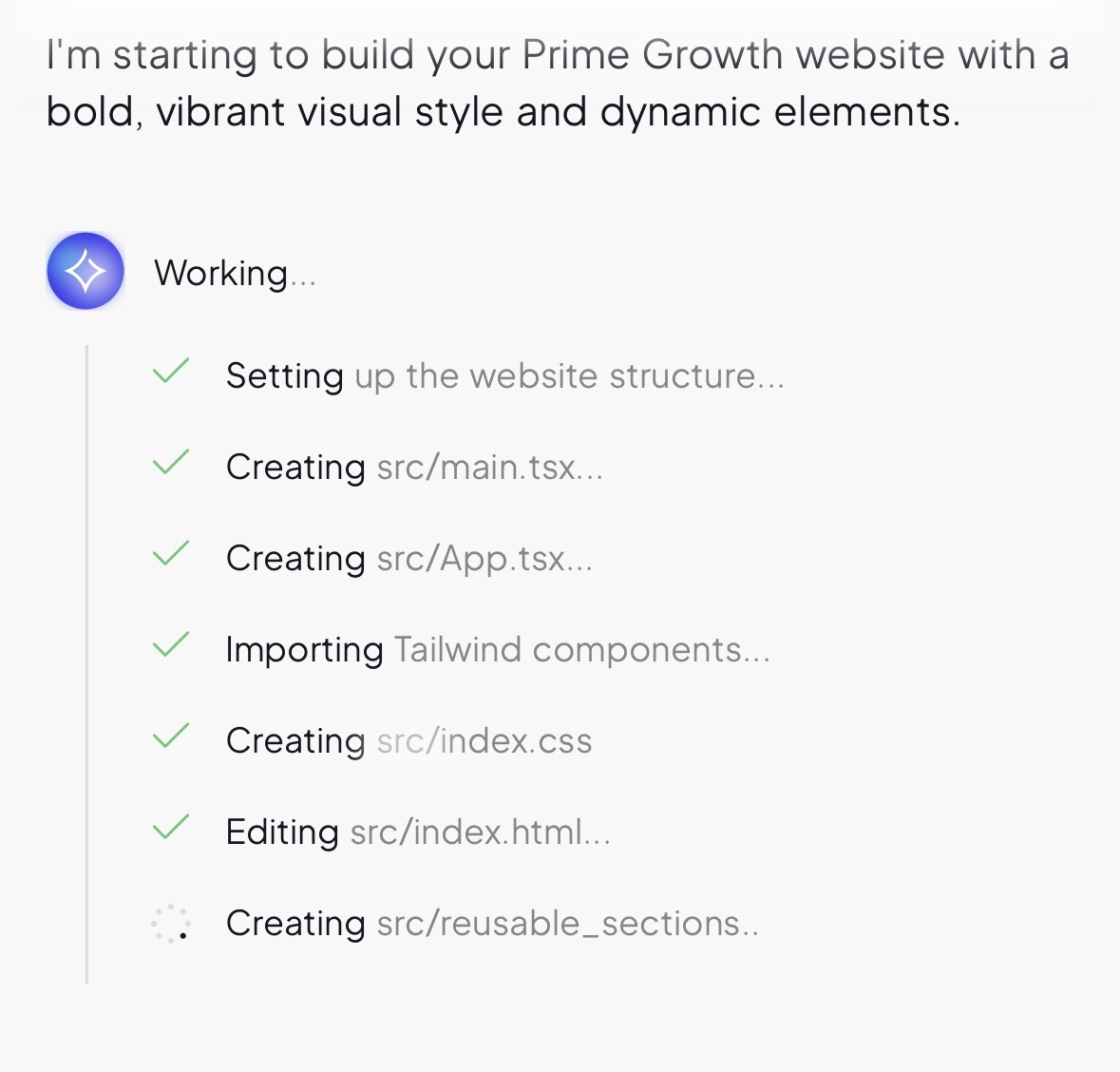 10Web actively creating the website files and structure